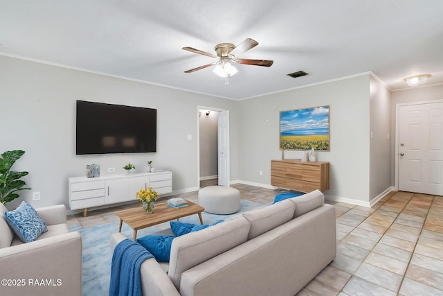 307 Creswell Ave, Scott, LA 70583 - living room featuring ceiling fan, visible vents, crown molding, light tile patterned floors, and baseboards