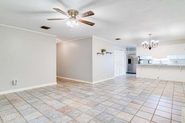 307 Creswell Ave, Scott, LA 70583 - unfurnished living room with ornamental molding, ceiling fan with notable chandelier, a textured ceiling, and visible vents