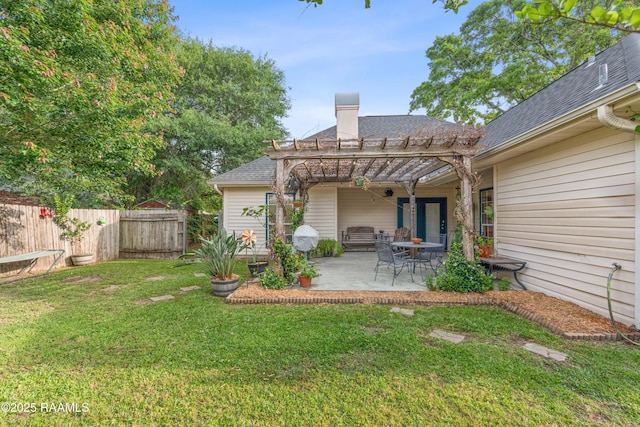122 Ashford Ln, Youngsville, LA 70592 - rear view of house featuring a shingled roof, a pergola, a chimney, and a patio area