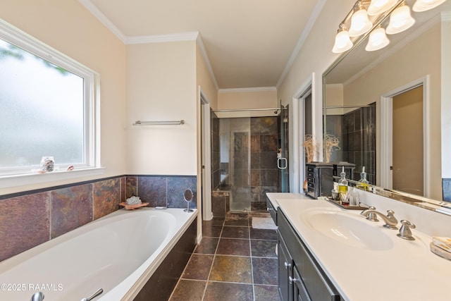 122 Ashford Ln, Youngsville, LA 70592 - bathroom featuring vanity, a stall shower, a bath, and crown molding