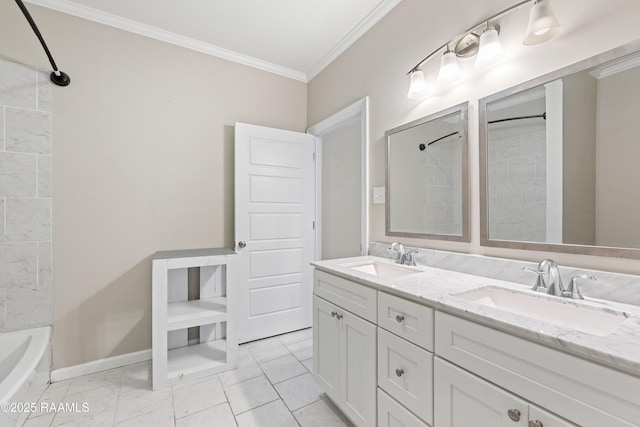 full bath with double vanity, ornamental molding, a sink, and marble finish floor