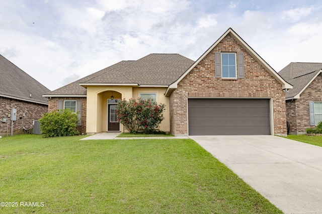 115 Maddox Jude Dr, Maurice, LA 70555 - view of front of property with driveway, a front yard, brick siding, cooling unit, and a shingled roof