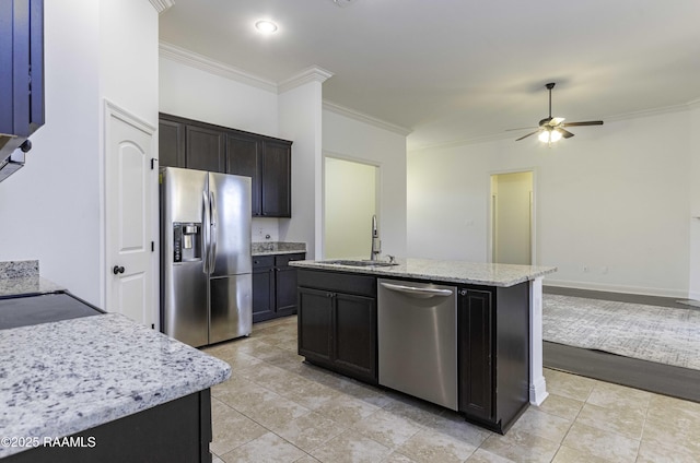 115 Maddox Jude Dr, Maurice, LA 70555 - kitchen with crown molding, an island with sink, ceiling fan, a sink, and appliances with stainless steel finishes