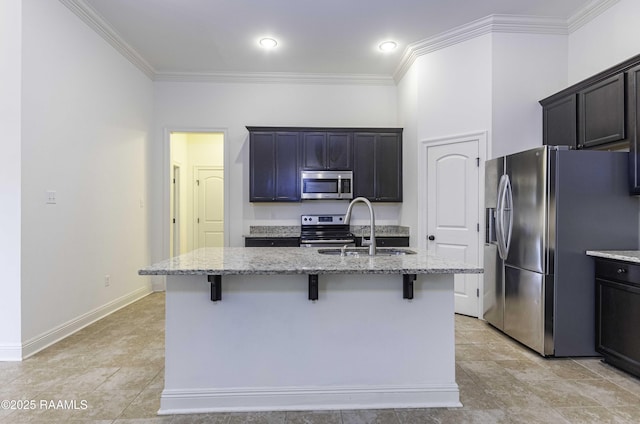 115 Maddox Jude Dr, Maurice, LA 70555 - kitchen featuring a sink, appliances with stainless steel finishes, light stone countertops, and ornamental molding