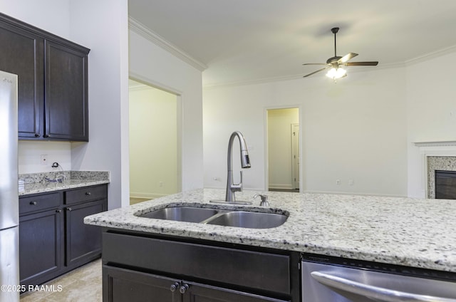 115 Maddox Jude Dr, Maurice, LA 70555 - kitchen featuring crown molding, stainless steel appliances, ceiling fan, and a sink