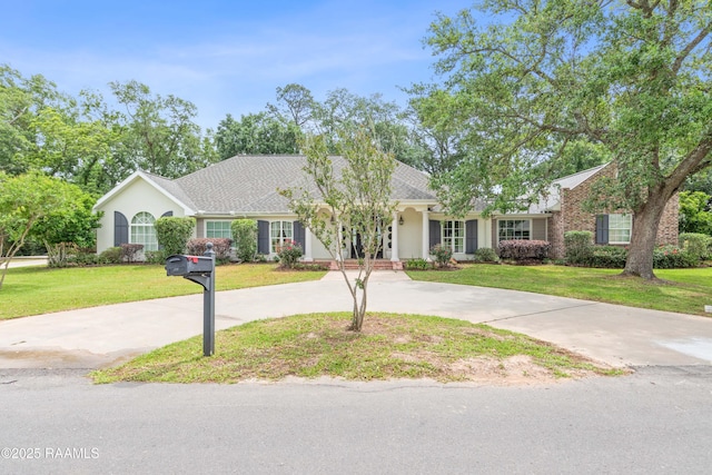 ranch-style home with curved driveway, stucco siding, and a front yard