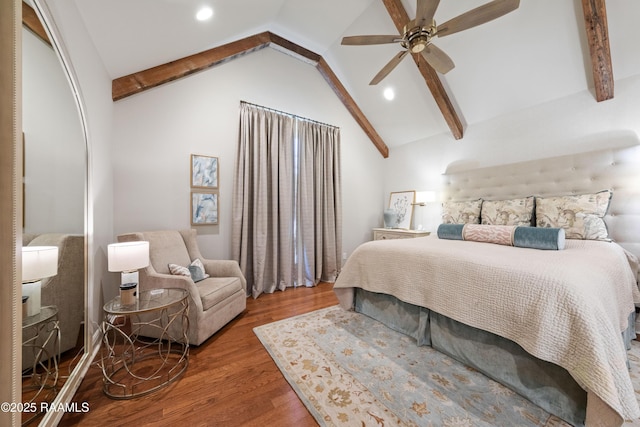 bedroom featuring recessed lighting, lofted ceiling with beams, a ceiling fan, and wood finished floors