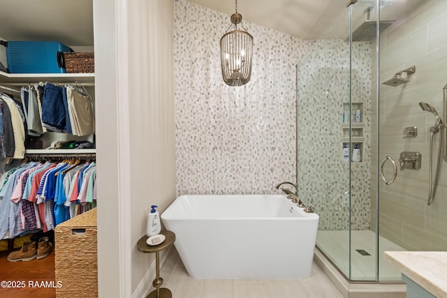 bathroom with a spacious closet, a freestanding bath, and a stall shower