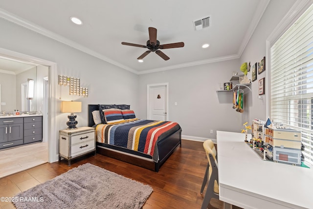 bedroom featuring ornamental molding, recessed lighting, wood finished floors, and visible vents