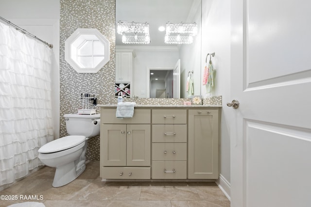 full bathroom with crown molding, toilet, a shower with curtain, and vanity