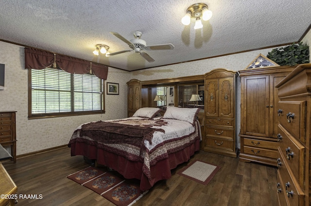 bedroom featuring crown molding, a textured ceiling, dark wood-style floors, and wallpapered walls