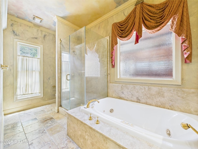 107 Wembley Rd, Lafayette, LA 70503 - full bath with crown molding, a stall shower, a tub with jets, and stone tile floors