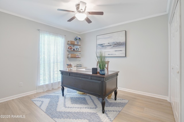 502 River Woods Dr, Lafayette, LA 70508 - office featuring light wood finished floors, ceiling fan, ornamental molding, and baseboards