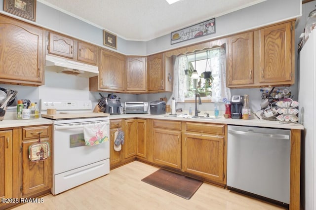kitchen featuring white electric range oven, light wood-style flooring, a sink, stainless steel dishwasher, and under cabinet range hood