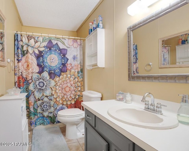 full bath with tile patterned floors, toilet, curtained shower, and vanity