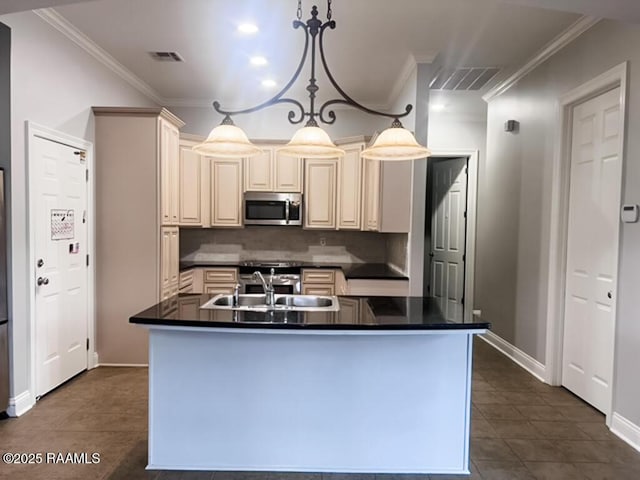 204 Red Cedar Ln, Youngsville, LA 70592 - kitchen featuring crown molding, dark countertops, a sink, stainless steel microwave, and visible vents