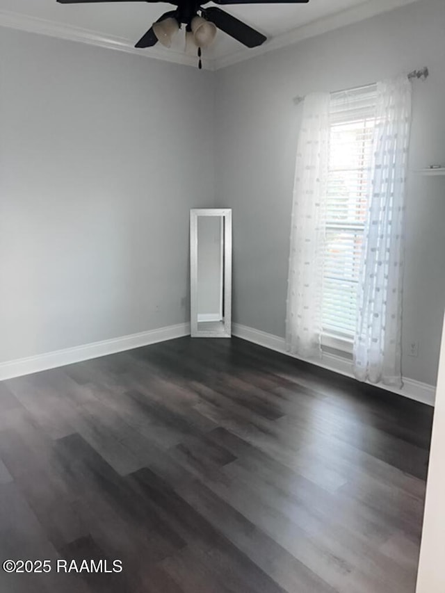 204 Red Cedar Ln, Youngsville, LA 70592 - empty room featuring a ceiling fan, baseboards, dark wood finished floors, and ornamental molding