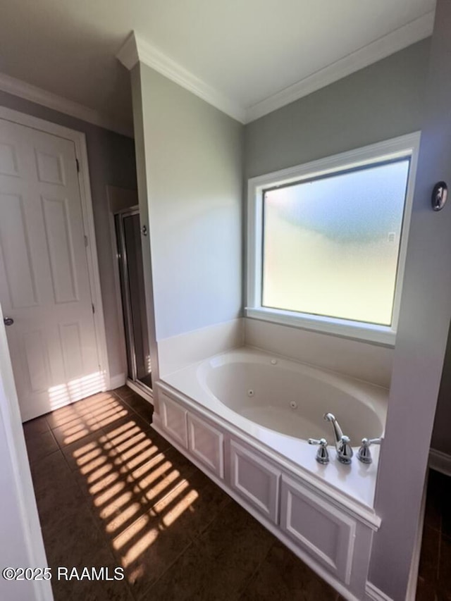 204 Red Cedar Ln, Youngsville, LA 70592 - full bath featuring a whirlpool tub, ornamental molding, a stall shower, and tile patterned floors