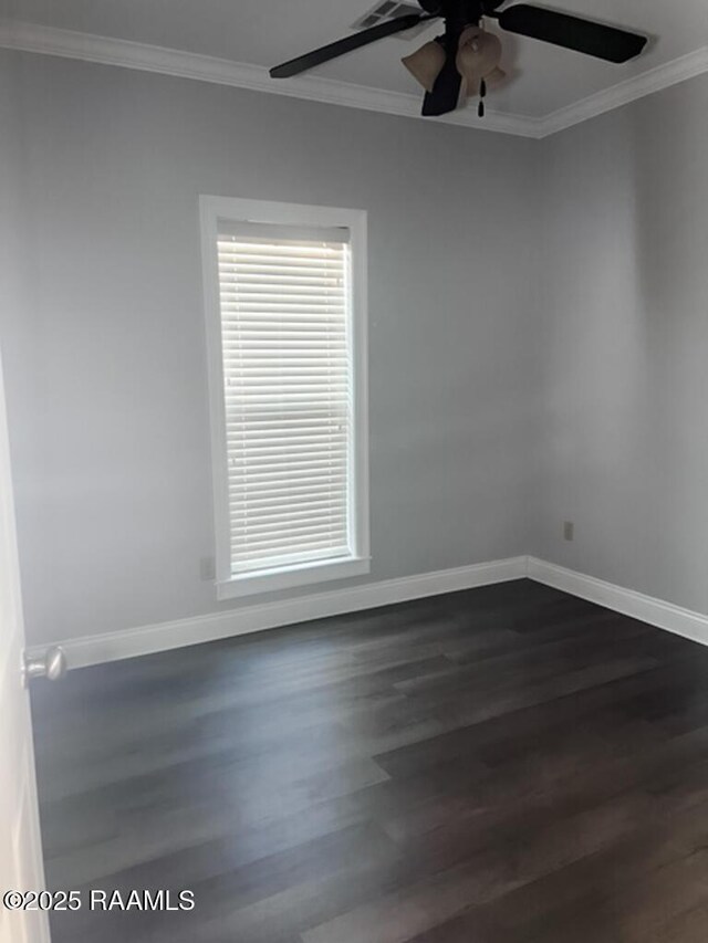 204 Red Cedar Ln, Youngsville, LA 70592 - unfurnished room with dark wood-style flooring, ceiling fan, ornamental molding, and baseboards