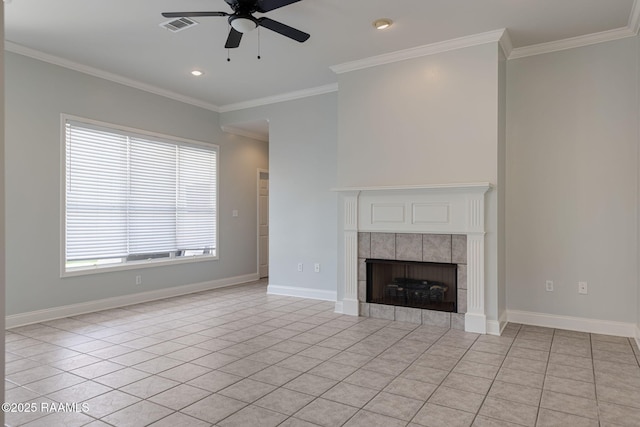 unfurnished living room featuring visible vents, a ceiling fan, a fireplace, and ornamental molding