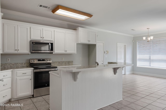 kitchen with visible vents, crown molding, light tile patterned flooring, white cabinetry, and appliances with stainless steel finishes