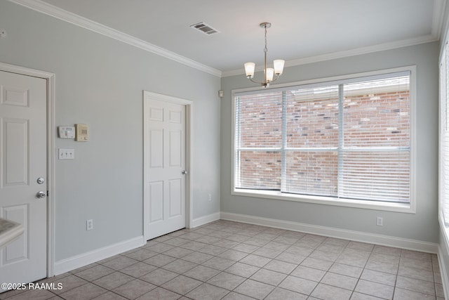 unfurnished dining area with visible vents, baseboards, an inviting chandelier, ornamental molding, and light tile patterned flooring