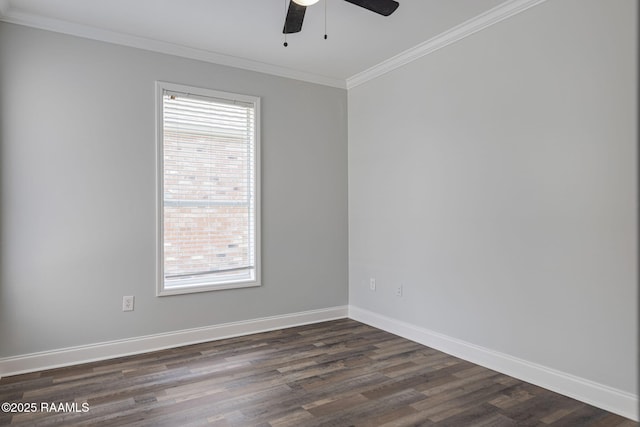 empty room with crown molding, ceiling fan, dark wood-style floors, and a wealth of natural light