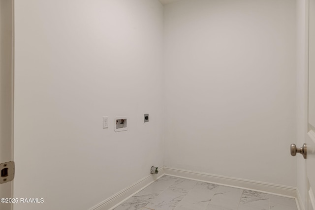 clothes washing area with light marble finish floors, hookup for an electric dryer, baseboards, and hookup for a washing machine