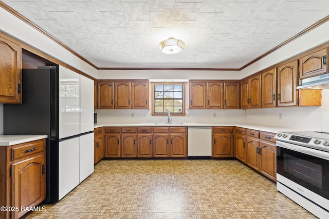 319 Roger Rd, Lafayette, LA 70507 - kitchen with white dishwasher, electric range oven, brown cabinets, freestanding refrigerator, and ornamental molding