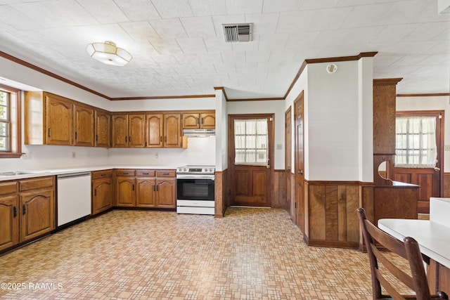 319 Roger Rd, Lafayette, LA 70507 - kitchen featuring dishwasher, electric stove, ornamental molding, brown cabinetry, and under cabinet range hood