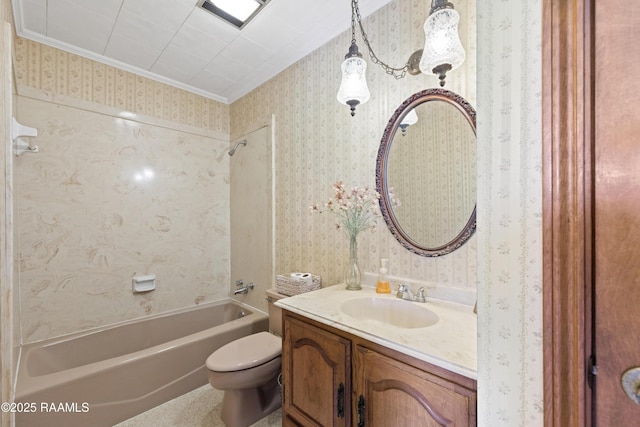319 Roger Rd, Lafayette, LA 70507 - full bathroom with vanity, shower / washtub combination, wallpapered walls, and ornamental molding