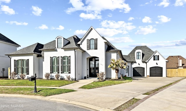 view of front of house with driveway, a front yard, a garage, brick siding, and fence