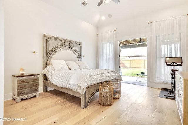 bedroom with ceiling fan, light wood finished floors, access to exterior, baseboards, and visible vents