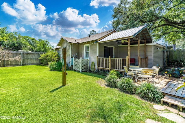 rear view of property featuring a fenced backyard, a deck, and a yard