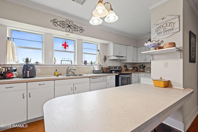 202 Sapphire Dr, Lafayette, LA 70506 - kitchen featuring a sink, ornamental molding, stainless steel electric range, under cabinet range hood, and white dishwasher