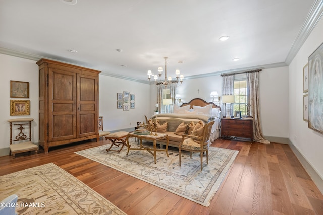 bedroom with a notable chandelier, baseboards, light wood-style floors, ornamental molding, and recessed lighting