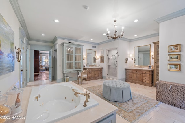 full bathroom featuring a sink, a stall shower, crown molding, an inviting chandelier, and a whirlpool tub