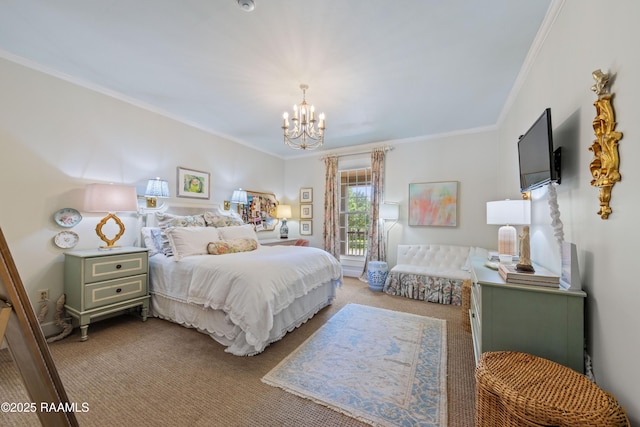 carpeted bedroom featuring crown molding and a notable chandelier