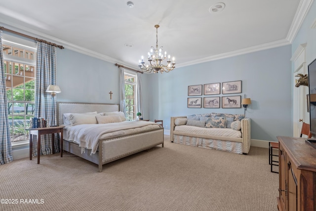 carpeted bedroom featuring crown molding, baseboards, and a notable chandelier
