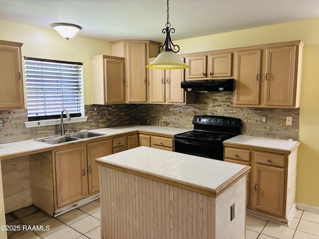 104 Bismark Dr, Broussard, LA 70518 - kitchen featuring black / electric stove, tile counters, under cabinet range hood, a sink, and light tile patterned floors