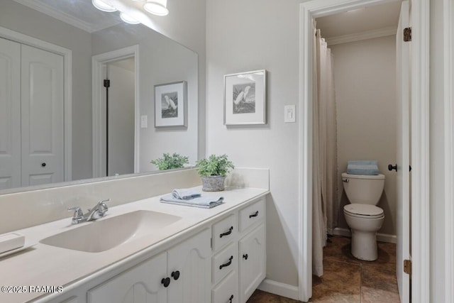 204 Eva Dr, Lafayette, LA 70508 - bathroom featuring vanity, ornamental molding, baseboards, and toilet