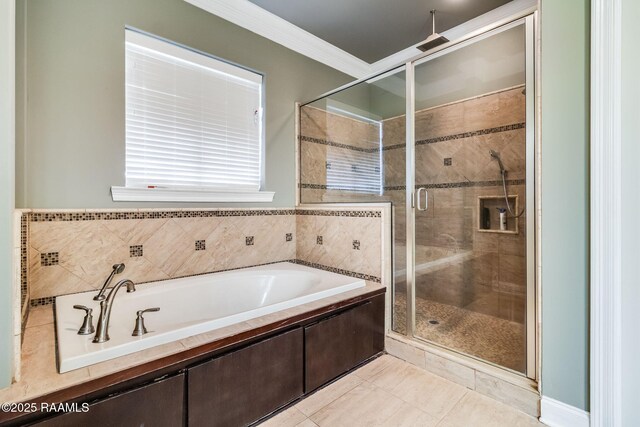 1319 W Gloria Switch Rd, Carencro, LA 70520 - full bath with a stall shower, tile patterned flooring, crown molding, and a bath