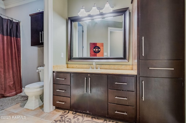 1319 W Gloria Switch Rd, Carencro, LA 70520 - full bath with a shower with curtain, toilet, tile patterned floors, vanity, and crown molding