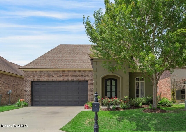 view of front of house featuring driveway, brick siding, an attached garage, a front yard, and roof with shingles