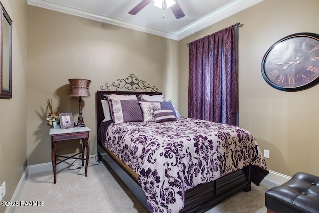 bedroom with carpet flooring, baseboards, and ornamental molding