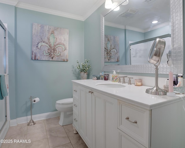 full bathroom featuring toilet, visible vents, a shower stall, vanity, and ornamental molding