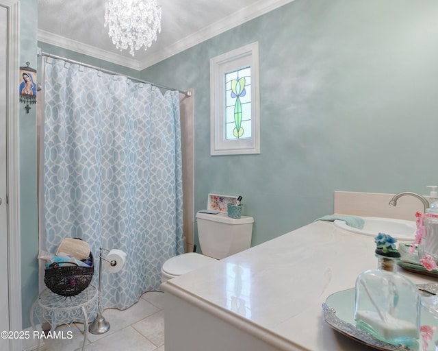 bathroom featuring crown molding, toilet, a chandelier, and tile patterned flooring