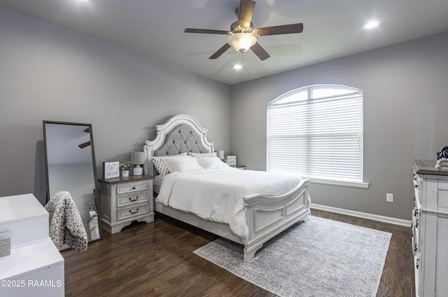 bedroom featuring baseboards, dark wood-style flooring, ceiling fan, and recessed lighting