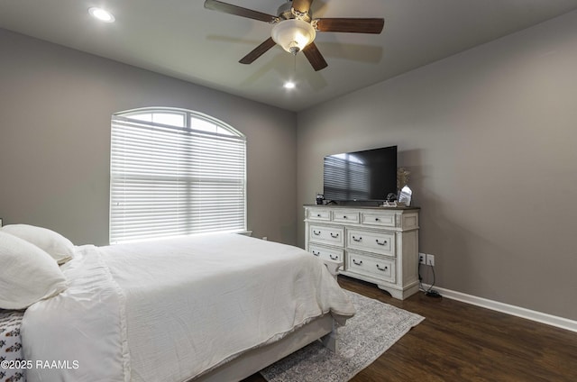 bedroom with dark wood-style flooring, baseboards, ceiling fan, and recessed lighting