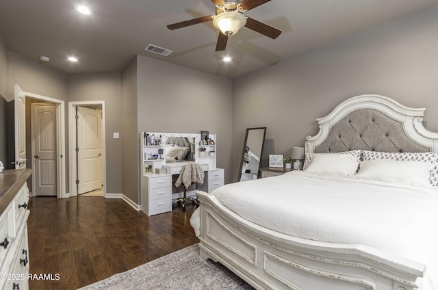 bedroom featuring visible vents, baseboards, dark wood-type flooring, ceiling fan, and recessed lighting